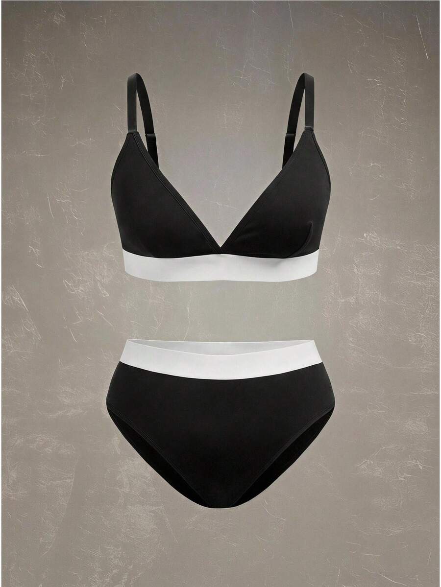 SHEIN 大码女士撞色休闲舒适内衣套装 - 黑與白 - 查看 1