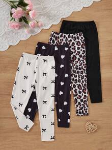 SHEIN Set Legging Anak Perempuan 4 Potong, Model Termasuk Warna Polos Minimalis, Motif Manis, Beragam Gaya, Gaya Keseluruhan Segar dan Serbaguna, Kain Lembut dan Ramah Kulit, Elastisitas Sedang, Pas di Badan Tanpa Ketat, Kain Rajut (4 Potong Dijual Sebagai Satu Set) - MultiWarna - View 3