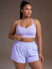 Powerista Plus Size Women Solid Color Camisole Top And Elastic Waist Shorts Casual Daily Sports Set - Purple - View 5
