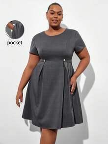 Chikora Plus Size Women's Brown Baggy Solid Color Round Neck Pleated Elegant Formal Commuter Autumn Casual Dress Suitable For Summer Spring Office Evening - Grey - View 5