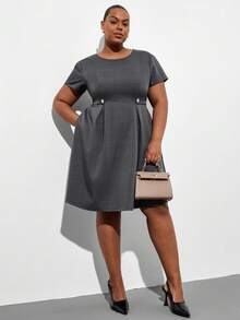 Chikora Plus Size Women's Brown Baggy Solid Color Round Neck Pleated Elegant Formal Commuter Autumn Casual Dress Suitable For Summer Spring Office Evening - Grey - View 7