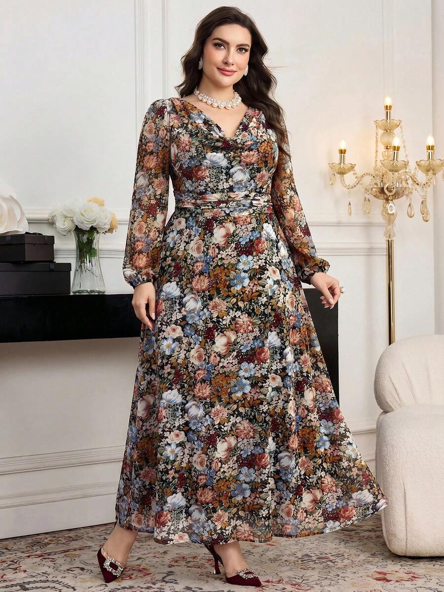 Modelyn 大尺碼女款垂領花卉印花休閒派對洋裝