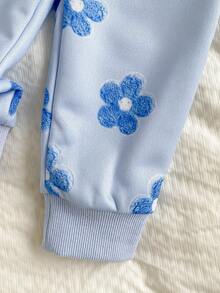 SHEIN Playful Pals 女嬰長袖圓領荷葉邊飾簡約休閒印花外套與長褲套裝 - 藍色 - 查看 8