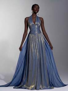 Elitara Elegant Romantic Fashion Shiny Organza Fabric Ruched Decor Halter Neck Large A-Line Elegant Party Dress Wedding Guest Dress Pink Dress Fashion Elegant Wedding Evening Gown Formal Dinner Dress - Dusty Blue - View 1