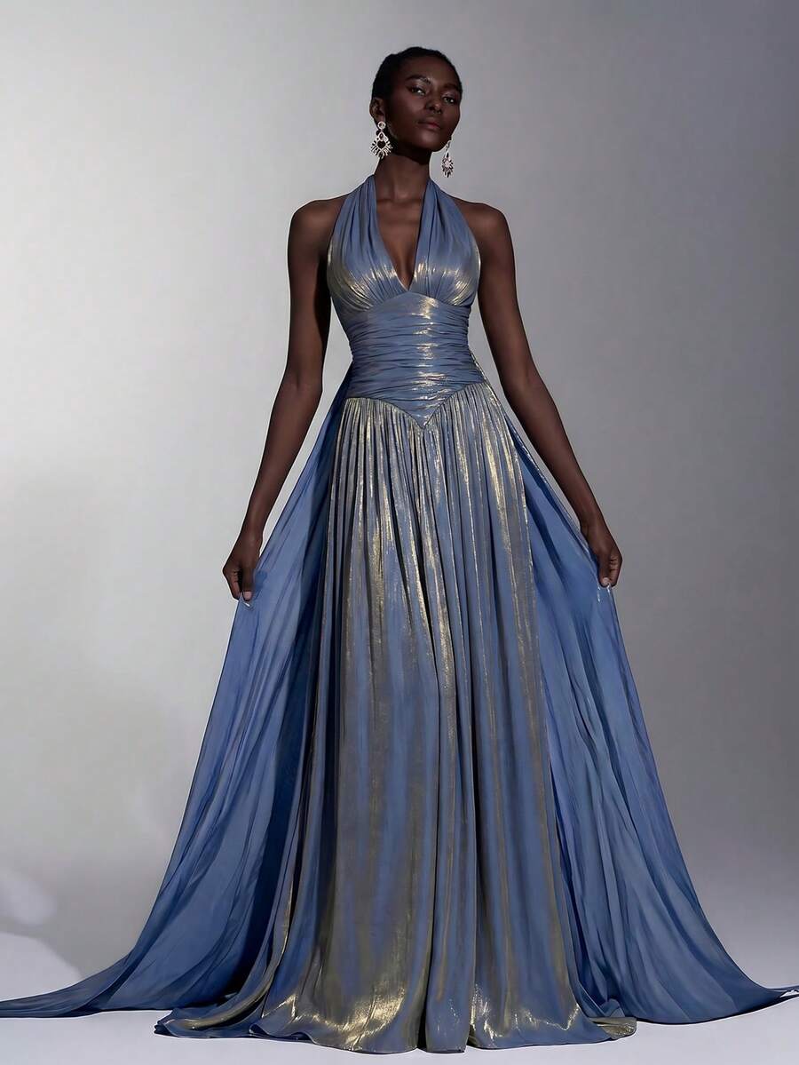Elitara Elegant Romantic Fashion Shiny Organza Fabric Ruched Decor Halter Neck Large A-Line Elegant Party Dress Wedding Guest Dress Pink Dress Fashion Elegant Wedding Evening Gown Formal Dinner Dress - Dusty Blue - View 1
