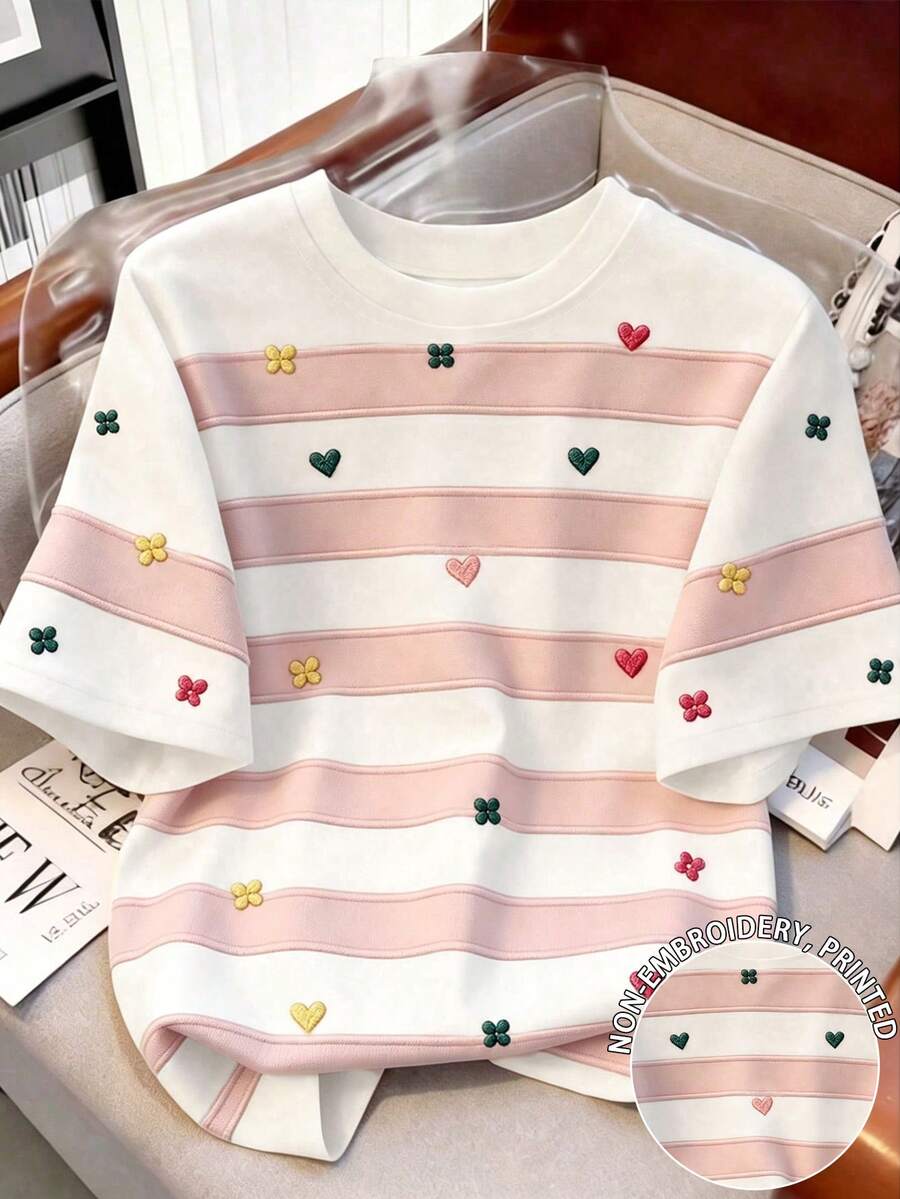 Resyla Kaos Wanita Lengan Pendek Leher Bulat Motif Bunga dan Garis Kontras, Modis dan Serbaguna - MultiWarna - View 1