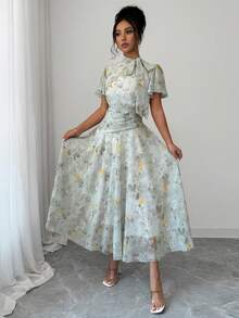 Modelyn Vestido acampanado con cordones, cintura ceñida, fruncido y estampado de mariposas para mujer - Verde - Ver 9
