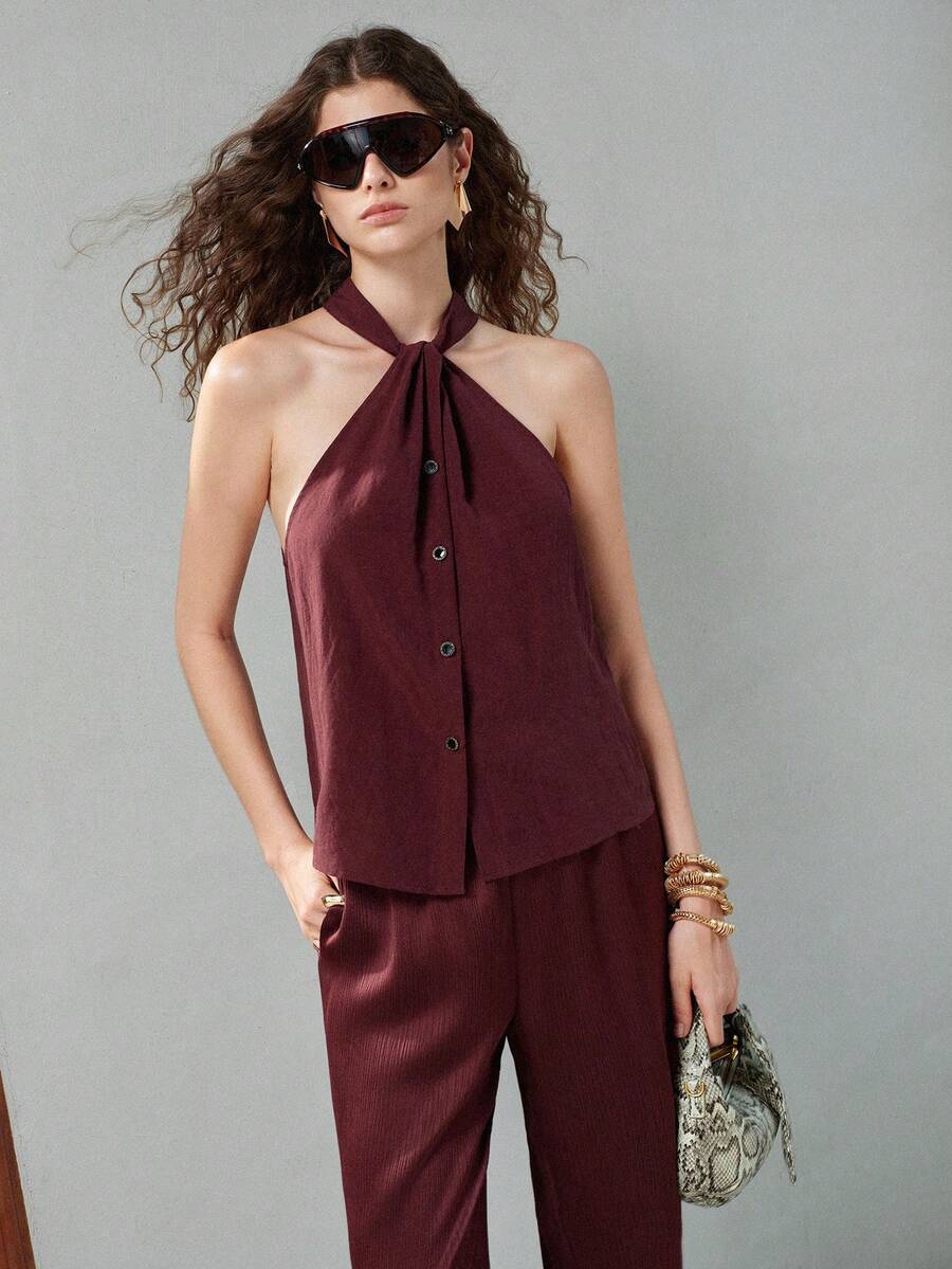 MOTF PREMIUM TENCEL LYOCELL KNOT DETAIL SLEEVELESS HALTER NECK WOMEN'S TOP - Coffee Brown - View 1
