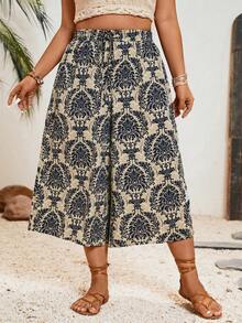 Freevana Plus Size Women's All-Over Print Casual Versatile Daily Wear Capri Pants - Black - View 3