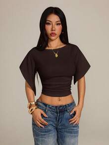 SHEIN PETITE Apricot Knit Batwing Short Sleeve Cropped T-Shirt For Women - Brown - View 4