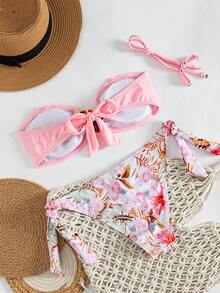 Swim Lushoire 新款女款 2 件式優雅 Y2K 辣妹波西米亞風粉黑平口比基尼套裝，幾何印花泳衣配可拆卸肩帶、編織前打結細節與側綁底褲，浪漫 Coquette 熱帶海灘風，適合夏季海灘度假、泳池派對、度假村休閒、音樂節與婚禮假期 - 粉色 - 查看 5