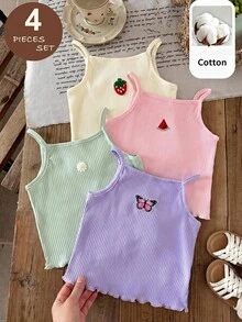 SHEIN 4pcs Young Girl Dopamine Cute Fruit Pattern Ribbed Fabric Tank Top Multi-Pack - Multicolor - View 10