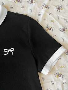 SHEIN 青少年女孩休閒日常百搭舒適翻領拼接拼色 Polo 洋裝 - 黑與白 - 查看 6