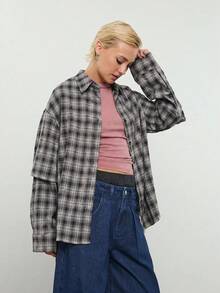 COUREZ 長袖寬鬆格紋雙層襯衫/Y2K Grunge街頭風女款秋季灰色格紋休閒外出穿搭日常穿搭 - 黑色 - 查看 4