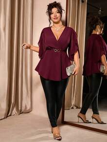 Cravure Plus Size Women's Solid Color Petal Short Sleeve Elegant Chiffon Blouse - Burgundy - View 3