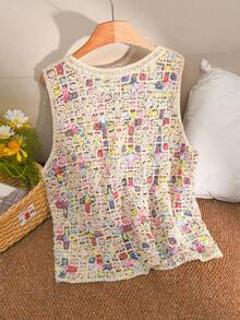 CosyJoli Plus Size Women's Contrast Color Single-Breasted Casual Knit Vest Fall/Winter - Apricot - View 3