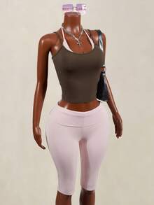Mistrie Women's Summer Sports Casual 2 In 1 Halter Neck Tank Top And Knee Length Shorts Set - Pink - View 7