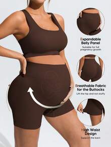 SHEIN Maternity Solid Color Top And Adjustable Shorts Casual Daily Sports Set - Coffee Brown - View 3