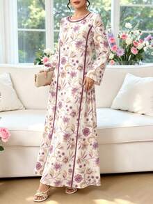 SHEIN Najma 復古端莊花卉枝條植物紫色蕾絲印花女款時尚V領長袖洋裝，白色優雅長裙，春夏服飾 - 彩色 - 查看 4