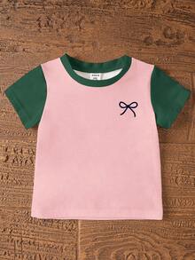 Set Baju Bayi Perempuan Gaya Korea Warna Pink & Hijau Segar, Atasan Lengan Pendek Leher Bulat Motif Pita Sederhana dengan Celana Pendek Ketat Warna Hijau Tua, Cocok untuk Musim Semi & Musim Panas, Jalan-jalan Sehari-hari, di Rumah & Luar Ruangan, Pesta, Serbaguna - MultiWarna - View 4