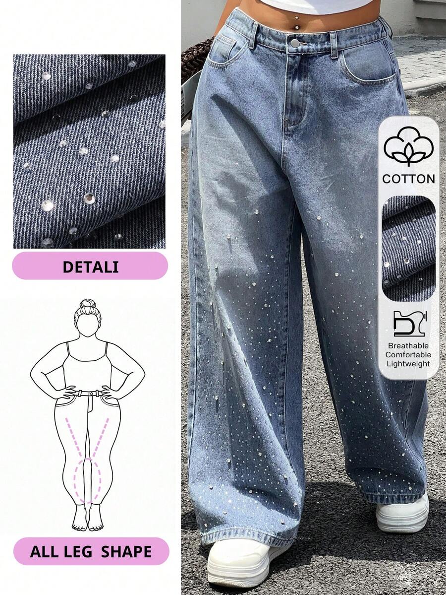 Dazy Plus Plus Size Women Casual Loose Fit Rhinestone Decor Waist Jeans, Streetwear, Suitable For All Seasons - Medium Wash - View 1