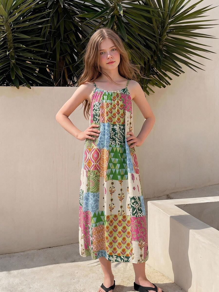 Dazy Kids Tween Girls Sleeveless Ditsy Floral Dress, Summer Vacation - Beige - View 1