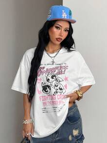 Coolane THE POWERPUFF GIRLS X SHEIN 100%純棉女款白色與粉色圖案圓領寬鬆短袖T恤，可愛休閒街頭風，籃球、西部、節慶、校園夏季穿搭 - 白色 - 查看 6