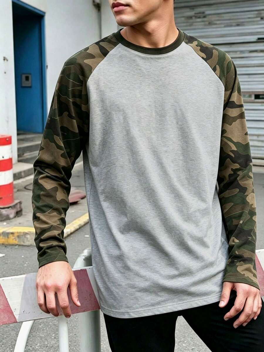 Men's Patchwork Camouflage Print Raglan Long Sleeve Casual T-Shirt - Multicolor - View 1