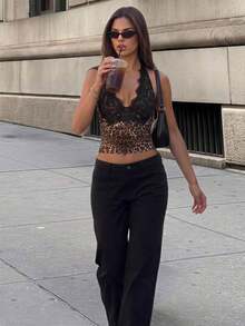 Firerie Women's Halter Neck Lace Backless Brown Print Tank Top Club Night Summer Rave - Brown - View 2