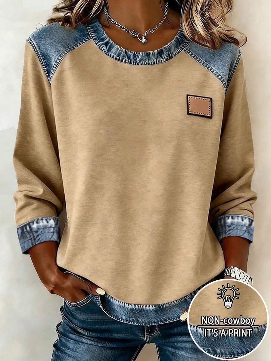 EMERY ROSE Women's Round Neck Color Block Casual Everyday Wear Long Sleeve T-Shirt - Multicolor - View 1