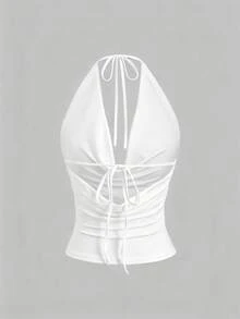 Sweetra Women's New Fashion Versatile Hollow Back Halter Neck Tank Top Knit Sweater Waist-Defining Top - White - View 2