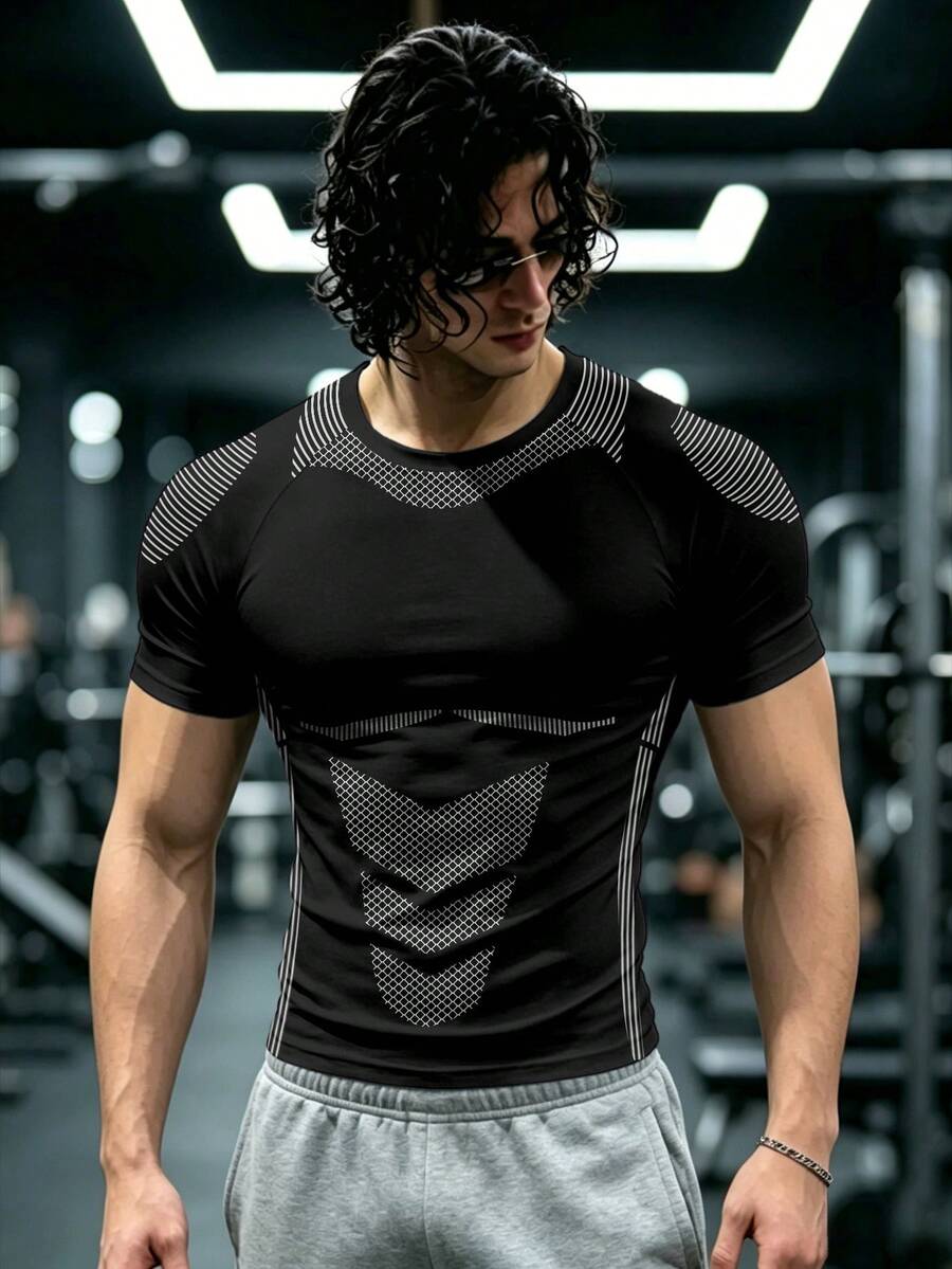 GymBeat Camiseta deportiva de manga corta raglán a cuadros & rayas para hombre, gimnasio - Multicolor - Ver 1