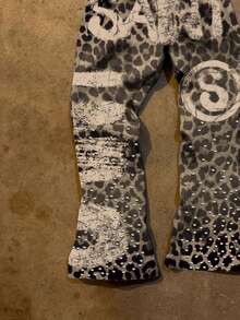 SHEIN Women's Leopard Print Elastic Waist Letter Rhinestone Decor Casual Pants - Multicolor - View 3