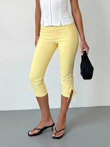 Firerie Women's Elegant Casual Spring/Summer All Seasons Solid Pale Yellow High Waist Leggings, Knitted Waist-Cinching Tight Leggings, Fashionable Versatile - Pale Yellow - View 5