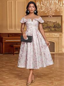 Fleurora Women's Jacquard Contrast Mesh Elegant Sexy Sequin Long Dress, Pastal Midi Off Shoulder Floral Pleated Wedding Golf Dinner Date Formal Beige Summer - Pink - View 3