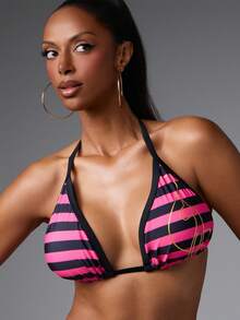 BABYPHAT Plus Size Striped Triangle Bikini Top With Halter Neck Tie Back And Graphic Print For Summer Beach Vacation - Multicolor - View 2