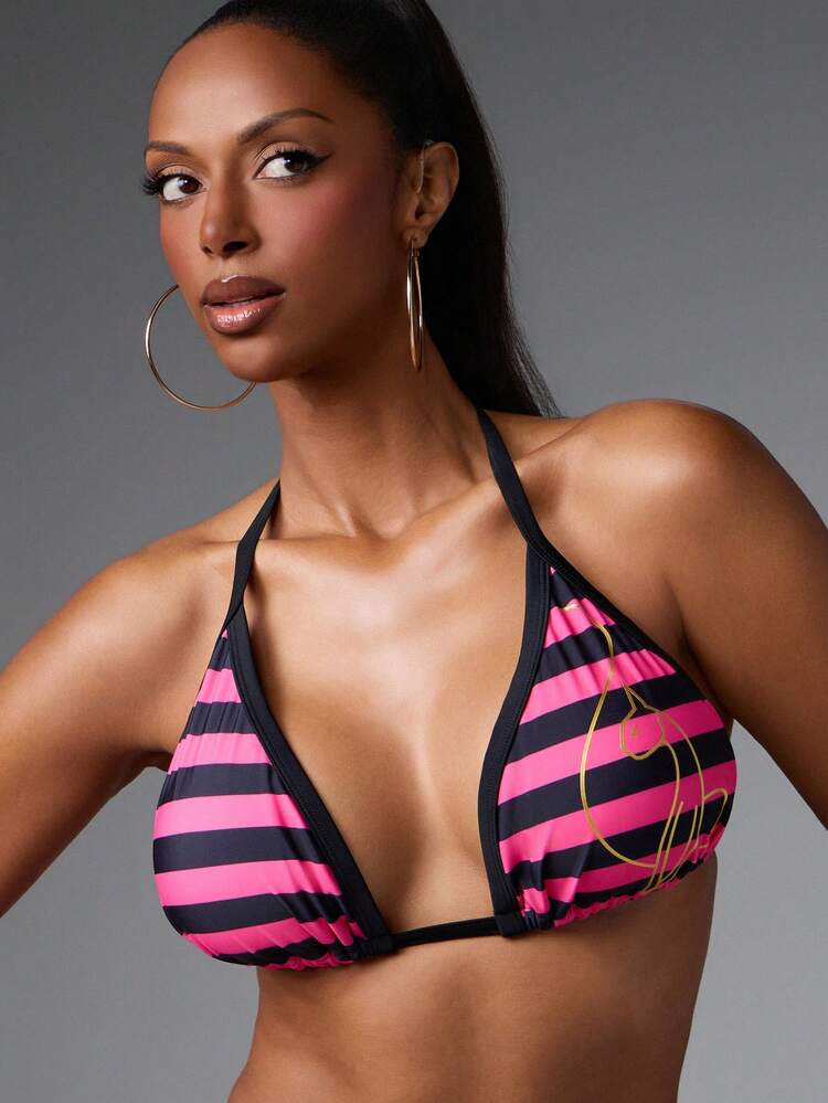BABYPHAT Top bikini da donna taglie forti con scollo all'americana, laccetto al collo, a righe e blocchi di colore, per vacanze
