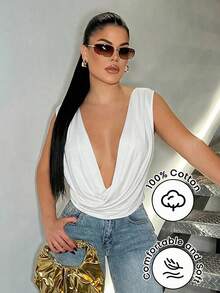 SHEIN SXY 女款素色披肩領休閒百搭日常出遊襯衫 - 白色 - 查看 8
