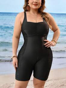 SHEIN Swim 2026 Lushore 大尺碼一件式泳衣 夏季海灘 外出派對運動豹紋側腰抓皺加厚顯瘦黑色性感曲線優雅款 - 黑色 - 查看 5