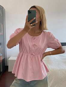 DAZY 女款圓領蝴蝶結寬鬆休閒襯衫 度假夏季款 - 粉色 - 查看 3