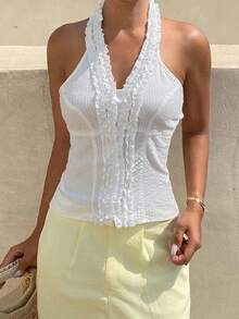 DAZY Solid Color Fitted Frill Trim Halter Neck Sleeveless Blouse, Elegant Summer Holiday Wear For Women Vacation Vacation White School - White - View 3