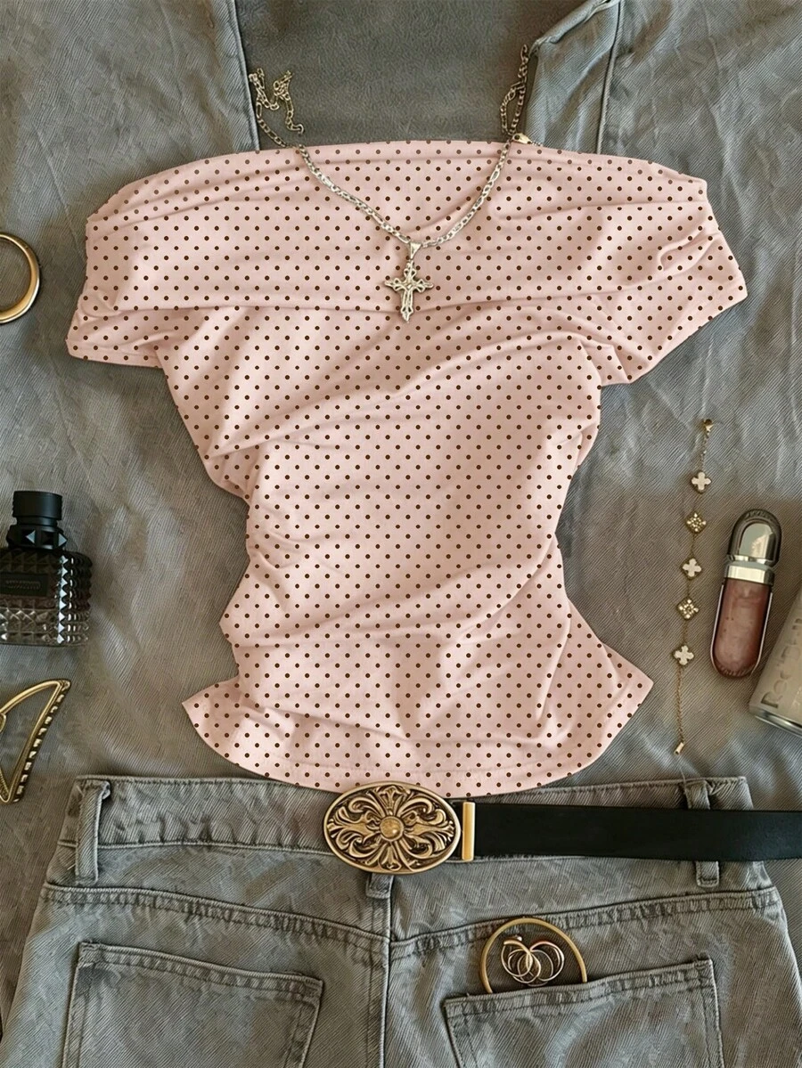IslaSuriya Atasan Crop Tanpa Tali Motif Polkadot Berkerut untuk Wanita, Cocok untuk Pakaian Kasual Sehari-hari di Musim Panas - Baby Pink - View 1