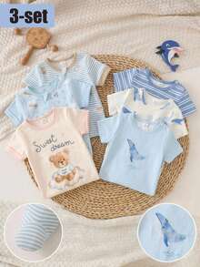 3件套新生儿短袖连体睡衣套装，蓝条纹、杏色、浅蓝色鲸鱼印花，休闲舒适家居睡衣，适合夏季户外穿着 - 彩色 - 查看 3