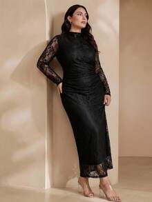 Graceveil Vestido de mujer estilo francés con cuello alto, encaje y cintura ceñida, elegante para vacaciones, color negro - Negro - Ver 5