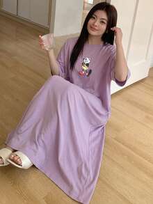 Dazy Plus Cartoon Pattern Loose Long T-Shirt Style Nightgown, Suitable For All Seasons - Purple - View 3