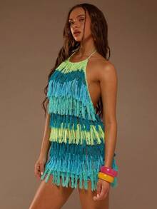 MUSERA Multi Tassel Detail Knit Halterneck Mini Dress Summer Beach Vacation Sexy Cute Boho Travel Festival Pocha - Blue - View 1