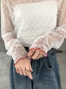 FRIFUL 女款春夏純色對比飾邊透視網布時尚寬鬆休閒百搭長袖T恤 - 白色 - 查看 1