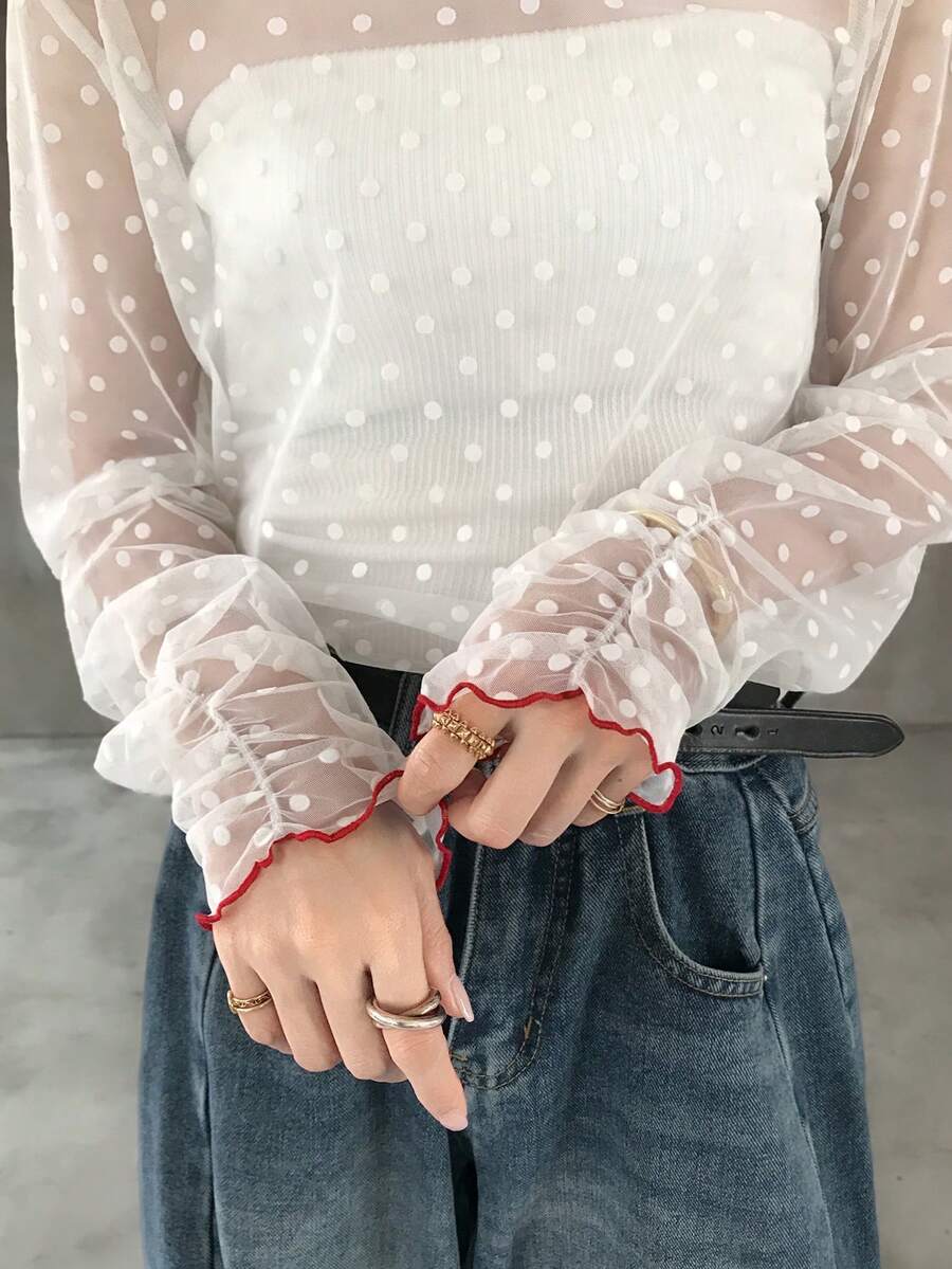 FRIFUL 女款春夏純色對比飾邊透視網布時尚寬鬆休閒百搭長袖T恤 - 白色 - 查看 1