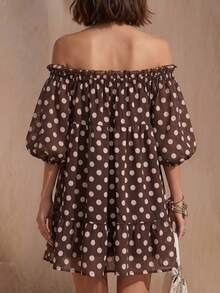 SHEIN LUNE Polka Dot Off-Shoulder Elastic Ruched Ruffle Puff Sleeve Fashion Versatile Women's Short Dress - Multicolor - View 3