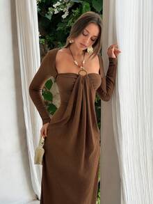 Firerie Women's Solid Color Ruched Halter Casual Daily Vacation Date Outing Long Sleeve Dress Autumn Outfits Beach Boho Tropical Clothe Shades Of Brown Beaded - Brown - View 7